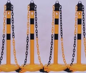 Sperrpfostenset PU gelb/schwarz m.Sechskantfuß D63xH1000mm 6 Pfosten u.5 Ketten